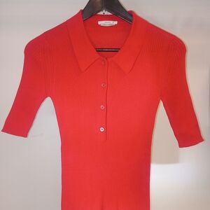 Prada Red Ribbed Button-Front Polo Shirt